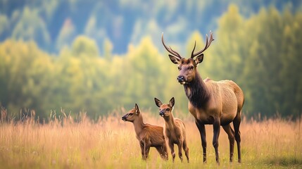 Obraz premium Majestic elk with two calves standing in a meadow with a blurred forest in the background.