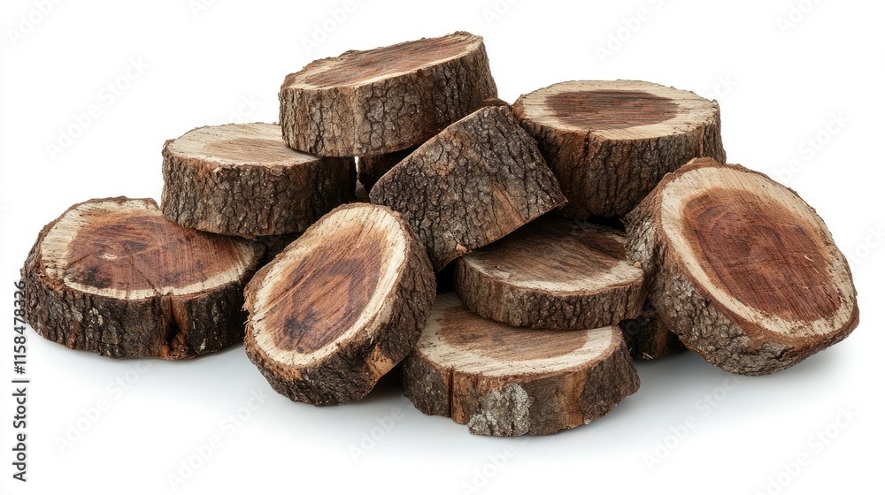 Aufkleber close-up of round firewood logs with rough bark and detailed wood grain, stacked in a tidy pile agai