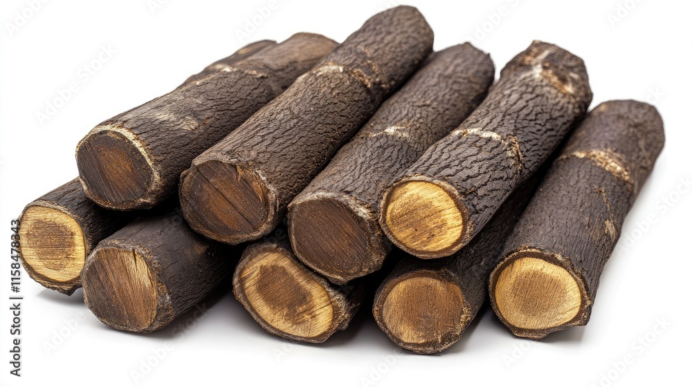 Poster Close-up of round firewood logs with rough bark and detailed wood grain, stacked in a tidy pile against a simple white background for a rustic look