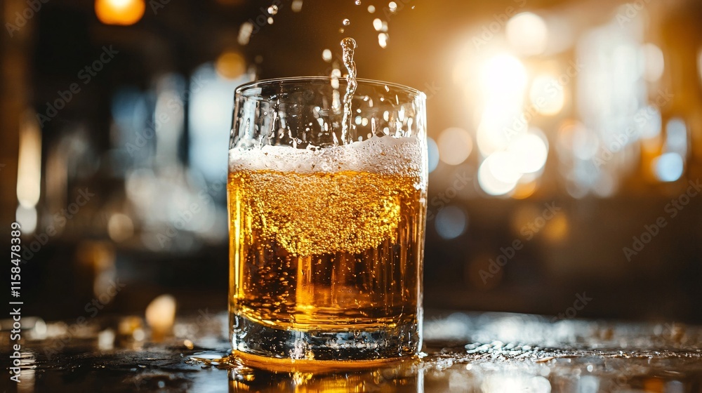 Poster bartender pouring beer into glass in pub, creating refreshing bubbles and foam