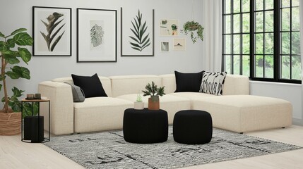 Cozy living room with modern decor and natural elements.