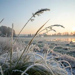 blades of grass are adorned with sparkling frost