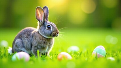 Fototapeta premium Grey Rabbit on a green lawn with scattered Easter eggs on the field. Copy space. Spring-themed designs and celebrations, postcards.