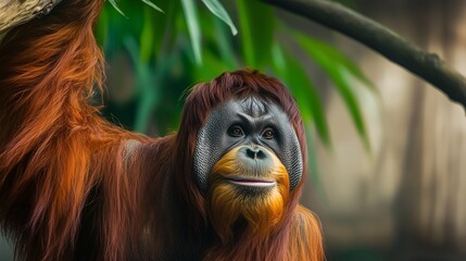 Obraz premium Close-up of an orangutan with orange fur and expressive eyes surrounded by green foliage.