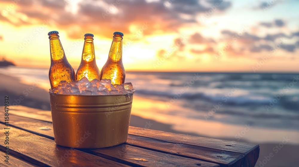 Poster frosted beer bottles in a golden ice bucket, placed on a wooden table with a sunset beach in the bac