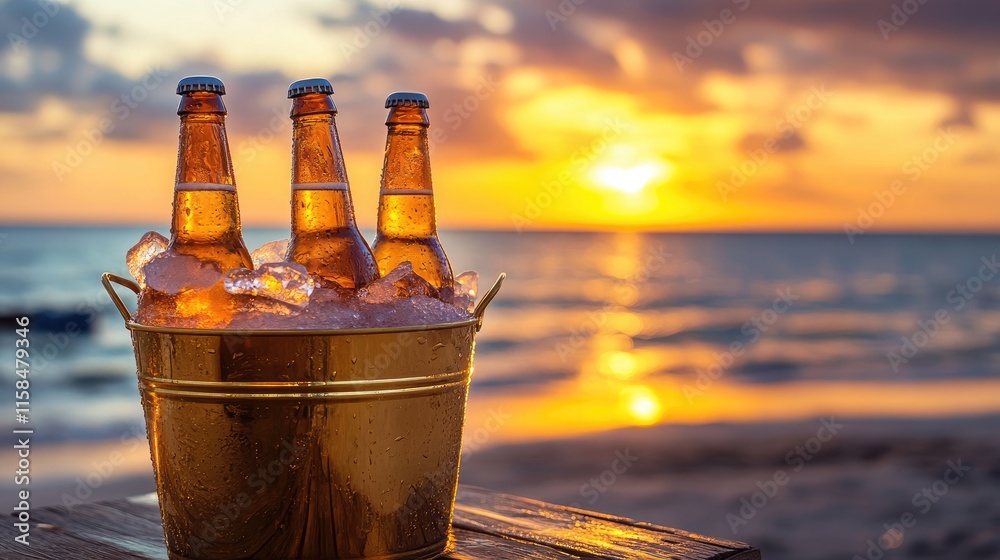 Poster frosted beer bottles in a golden ice bucket, placed on a wooden table with a sunset beach in the bac