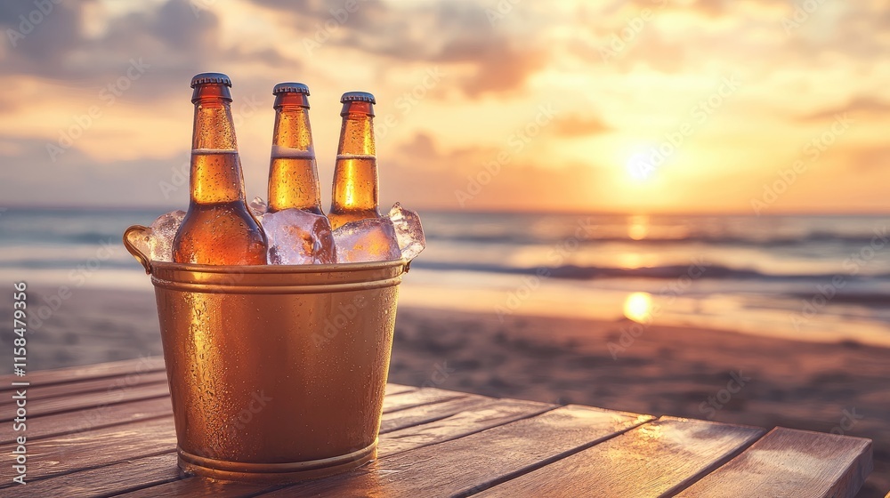 Poster frosted beer bottles in a golden ice bucket, placed on a wooden table with a sunset beach in the bac