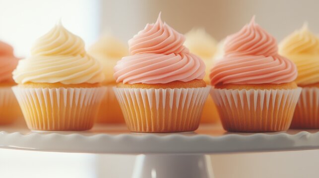 Delicious vanilla and strawberry frosted cupcakes on a stand, perfect for celebrations, parties, and special occasions.