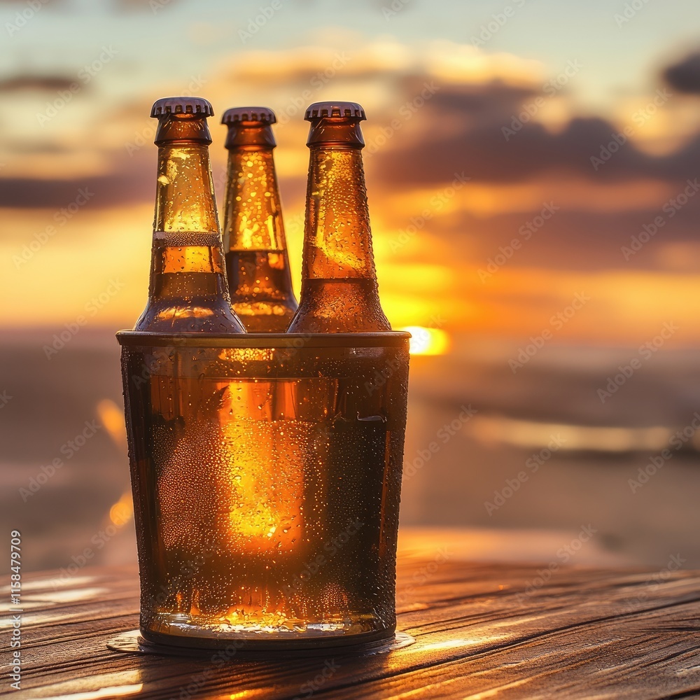 Poster group of frosty beer bottles in a golden ice bucket, perched on a dark-stained wooden table with a b