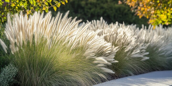 Fluffy Pennisetum alopecuroides Hameln showcases beautiful fountain grasses with white flowers, perfect for summer gardens. Experience the elegance of Pennisetum and its airy texture.