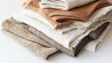 Handcrafted textiles in soft, earthy tones placed against a crisp white backdrop, emphasizing the rich textures and organic beauty of the materials