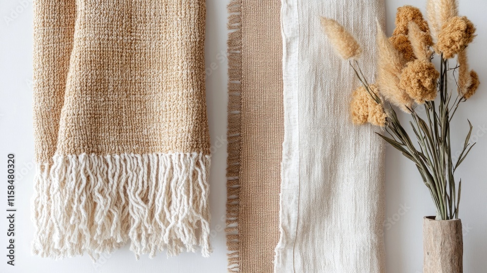 Poster handcrafted textiles in warm, organic hues are elegantly displayed on a crisp white backdrop, emphas