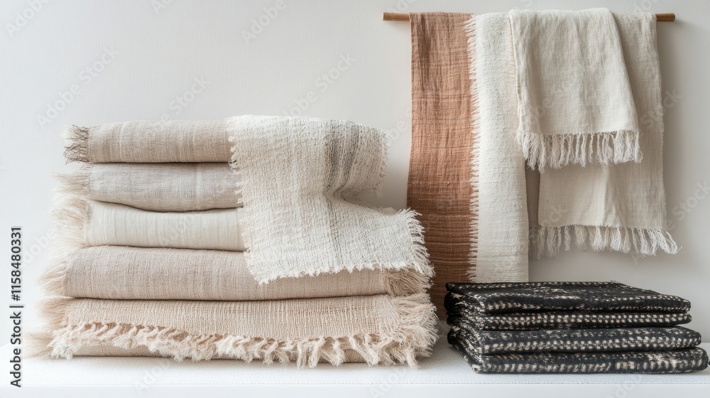Poster handcrafted textiles in warm, organic hues are elegantly displayed on a crisp white backdrop, emphas