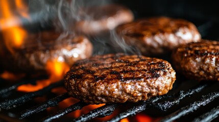 Close up image of hamburger patties sizzling on a grill, showcasing the art of creating smash burgers with beefsteak, perfect for professional restaurant kitchen presentations.