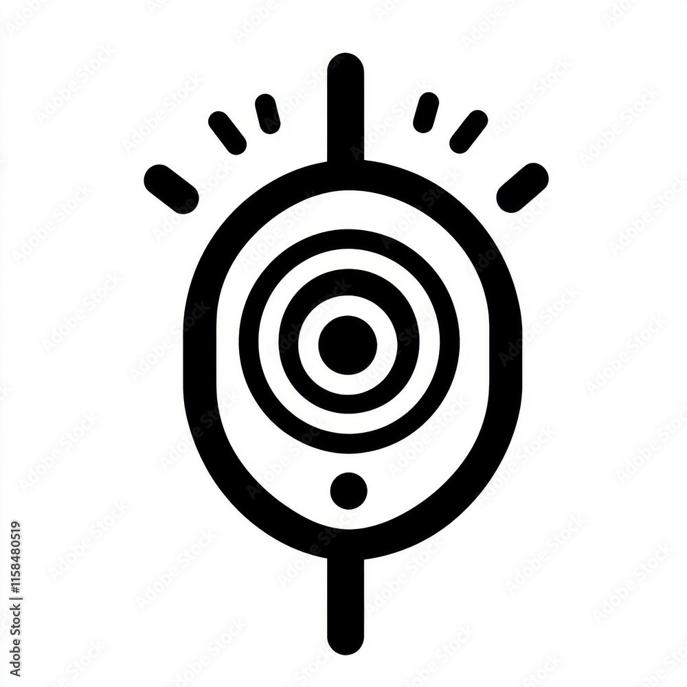 Poster stylized black and white icon representing a target with concentric circles and rays emanating from 