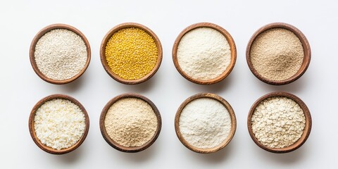 A variety of gluten free flour options including corn, sesame, oat, and coconut showcased in a bowl on a white background. This gluten free flour serves as an alternative to wheat flour for healthy