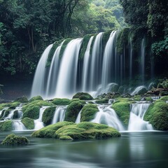 Fototapeta premium Serene waterfall cascading over lush green moss-covered rocks in a tranquil forest setting.