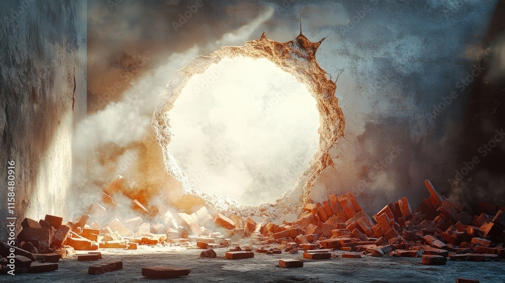 Poster light from a white hole spills through a cracked concrete wall, scattering red bricks and dust, crea