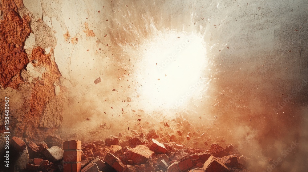 Poster light from a white hole spills through a cracked concrete wall, scattering red bricks and dust, crea