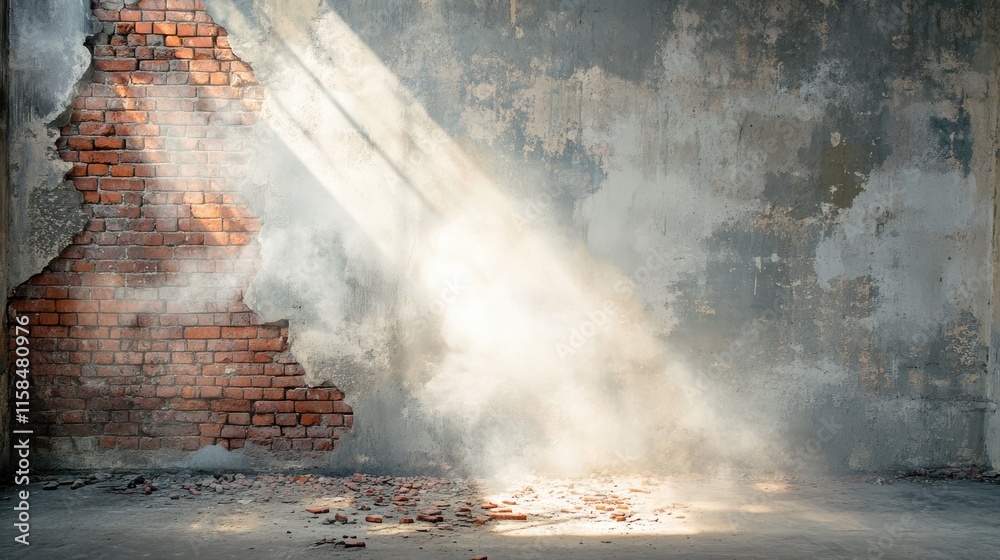 Poster light from a white hole spills through a cracked concrete wall, scattering red bricks and dust, crea