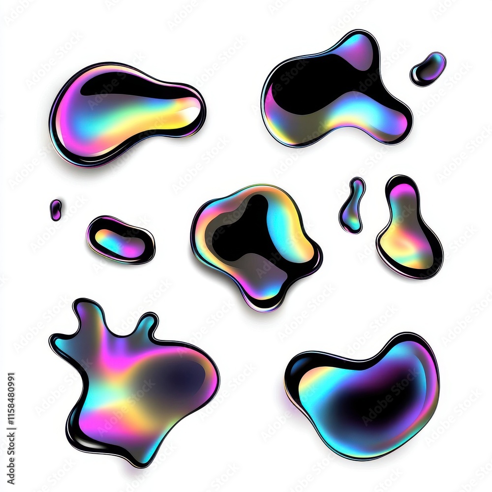 Poster abstract colorful liquid blobs with a glossy surface set against a clean white background.