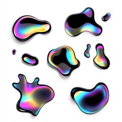 Abstract colorful liquid blobs with a glossy surface set against a clean white background.
