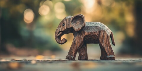 Blurry image of a wooden miniature elephant crafted from brown wood, showcasing the intricate details of the brown wood elephant in a soft focus for artistic effect.