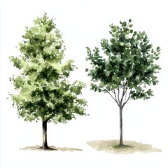 Obraz premium Two beautiful watercolor trees in shades of green, showcasing different shapes and foliage.