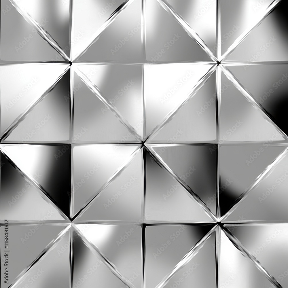 Poster a shiny metallic surface with a geometric pattern of triangular and diamond shapes, reflecting light