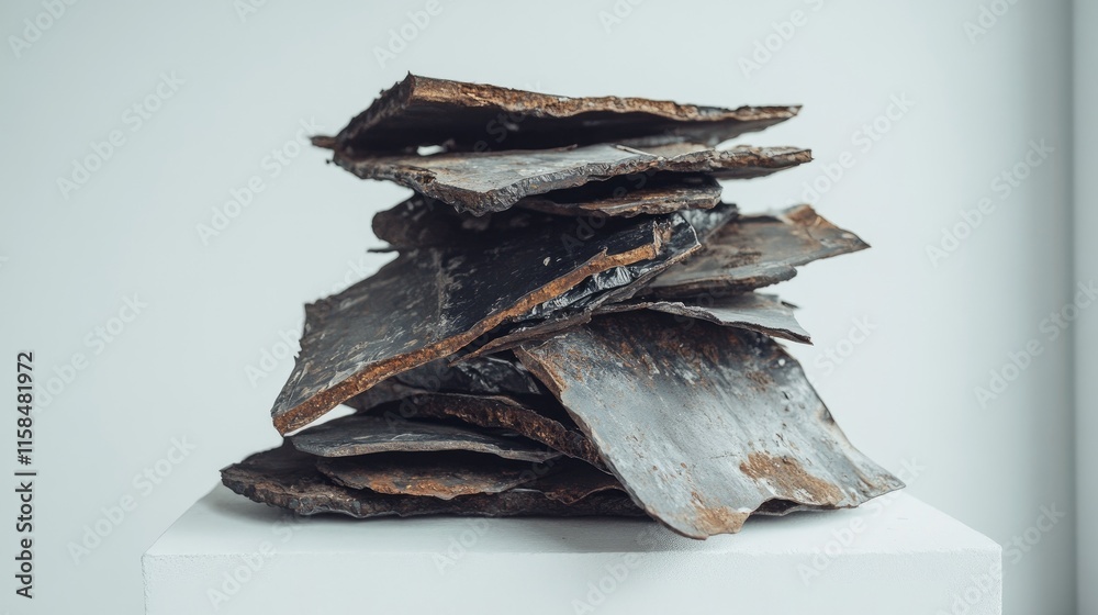Poster rough and jagged scrap metal piles stacked on a white surface, showcasing the raw texture and indust