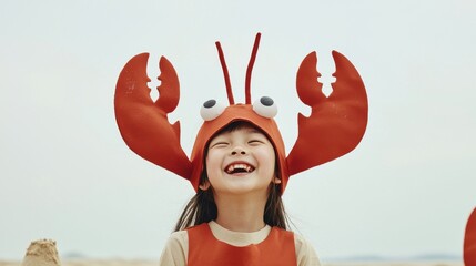 Joyful Girl in Bright Lobster Costume Against Soft Beach Background, Symbolizing Fun and Playfulness