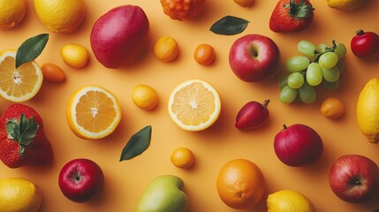 Colorful fruit composition featuring sliced oranges, apples, and grapes on orange background