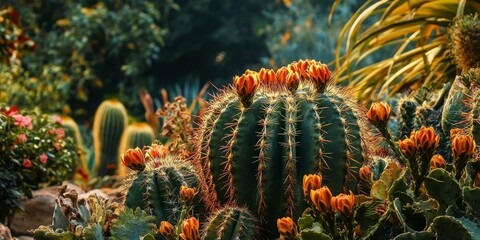 Stunning view of a cactus with a complicated spine, showcasing the intricate structure of the cactus, creates a beautiful scene in a vibrant garden setting. Perfect for nature enthusiasts.