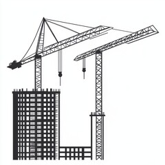 A detailed black and white illustration of cranes working on a high-rise building under construction.