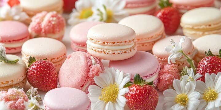 A detailed photo showing an assortment of French macarons in soft pastel shades, beautifully decorated with flowers and strawberries for an appealing look.