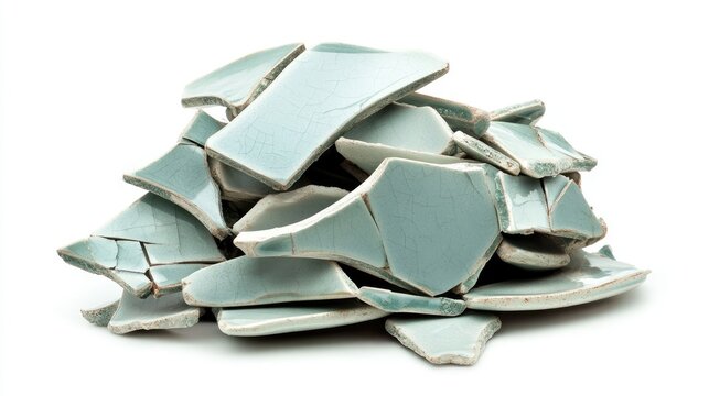 Shattered ceramic pieces stacked in a heap, viewed from the side to emphasize the broken texture, isolated on a white background