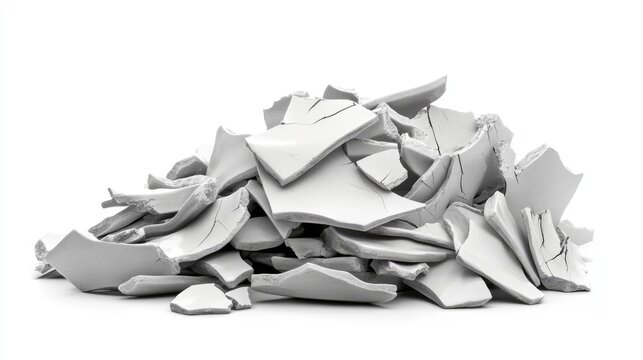 Shattered ceramic pieces stacked in a heap, viewed from the side to emphasize the broken texture, isolated on a white background