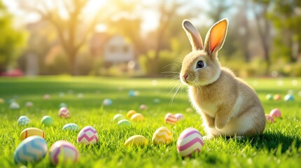 A rabbit is sitting on a grassy field surrounded by colorful Easter eggs, with a bright and sunny background