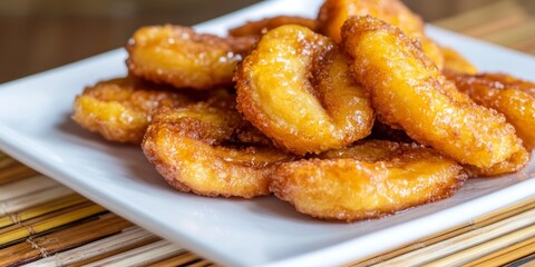 Deep fried banana served on a white plate, this traditional Asian dish represents a popular street food delight known for its crispy texture and sweet flavor, making deep fried banana a favorite