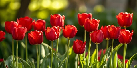 Obraz premium Vibrant red tulips flourish in a garden, showcasing their beauty on a sunny spring day. These vivid red tulips create a stunning outdoor floral backdrop, captured in soft focus for added charm.