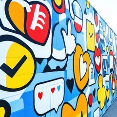 Obraz premium Vibrant mural featuring colorful social media icons in a playful design.