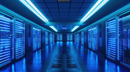 Fototapeta premium Modern Data Center with Blue LED Lighting