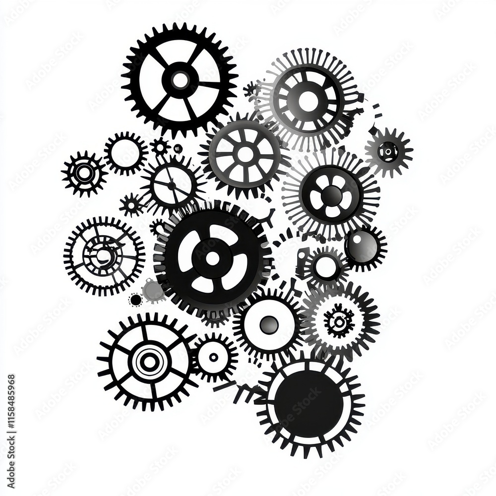 Poster an abstract composition of interlocking gears in black and white, representing mechanical complexity