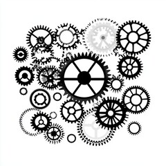 A dynamic arrangement of various black and white gears of different sizes and shapes, showcasing mechanical complexity.