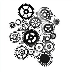 An abstract composition of interlocking gears in black and white, representing mechanical complexity and innovation.