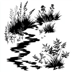 Silhouette of a serene creek surrounded by lush plants and flowers, creating a tranquil natural landscape.