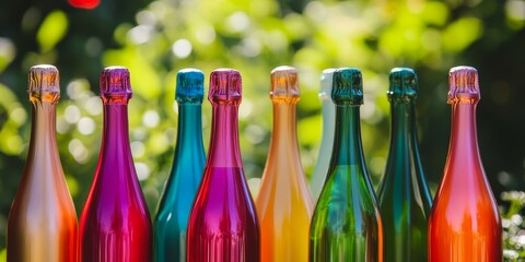 Vibrant bottles of champagne perfect for a picnic celebration. These colorful champagne bottles are ideal for enhancing the fun of a bachelorette party or outdoor gathering.