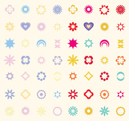 Brutalism star and flower shapes, flat minimalist stars icons. Modern abstract forms, trendy geometric graphic elements vector set