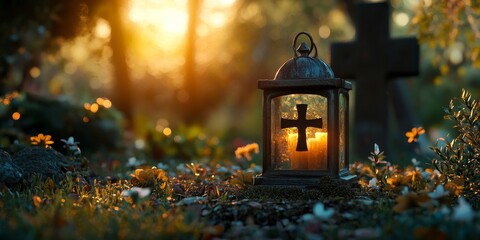 Cemetery grave with a candle glass lantern featuring a holy cross, symbolizing remembrance. The candle glass lantern is significant for the observance of All Saints Day and the commemoration of the