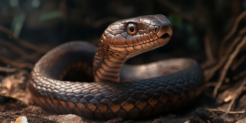 Fototapeta premium The Eastern Brown Snake, characterized by its long and slender form, typically displays an upper surface ranging from pale brown to dark brown, showcasing a uniform coloration. The Eastern Brown Snake